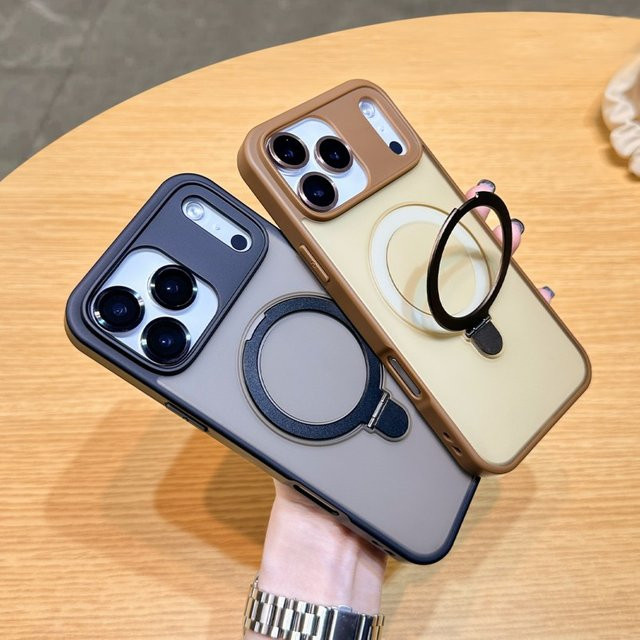 EHUIDE Magnetische Ständerhülle für iPhone 12 bis iPhone 17 Pro Max, Luftmagsafe-Halterung, stoßfest, matt, transparent, lila - Bild 1