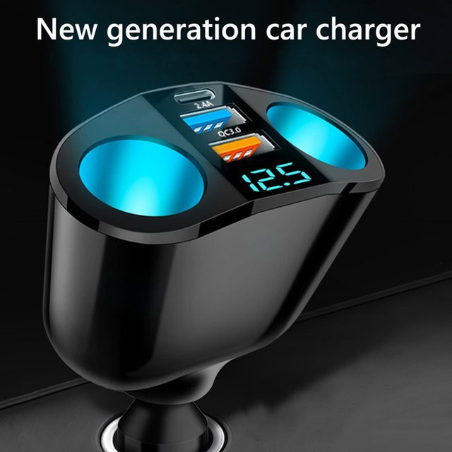SUITU Dual-USB Auto Ladegerät mit USB-C und QC 3.0, 12V/24V Netzteil für Zigarettenanzünder mit blauer LED-Digitalanzeige, Schwarz/Blau - Bild 1