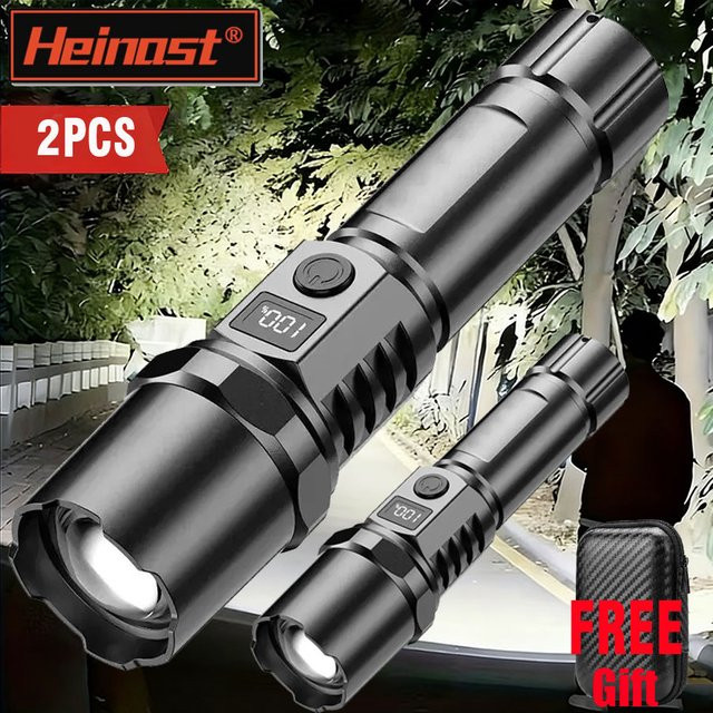 Heinast LED-Taschenlampe mit taktischem Zoom, wiederaufladbarer Hochleistungs-Scheinwerfer aus Aluminium in Schwarz - Bild 1