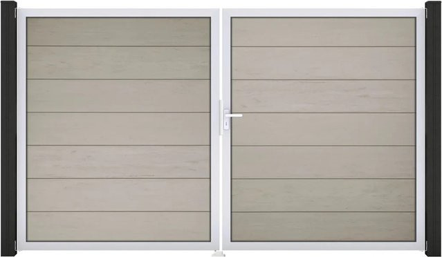 GroJa Steckzaun Tor Grande DIN Rechts EV1 Bi-Color Sand 2-flügelig aus Aluminium und BPC - Bild 1