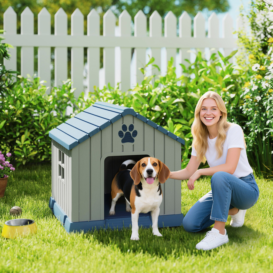 Aosom Hundehaus aus wetterfestem Kunststoff für mittelgroße Hunde mit erhöhtem Boden und Fenstern, Grau, B/T/H: 85 x 79 x 82 cm - Bild 2
