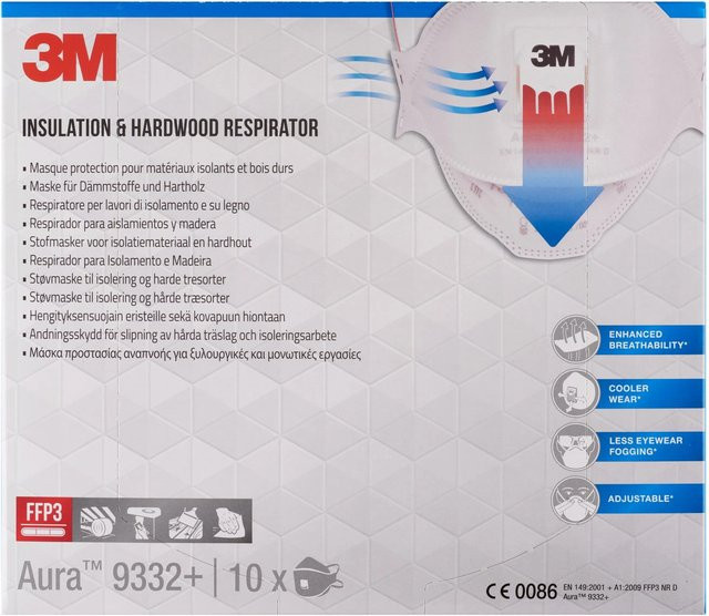 3M Aura FFP3 Atemschutzmaske P3 für Dämmstoffe und Hartholz 9332+ in Rot und Weiß - Bild 1