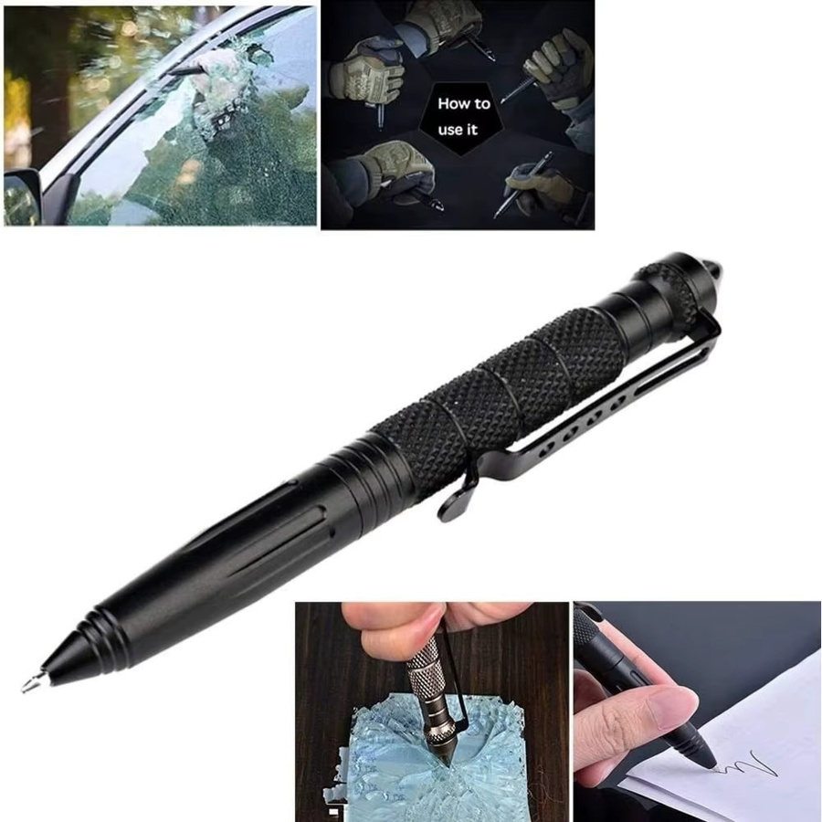 Taktischer Militärstift aus Edelstahl in Schwarz mit Wolfram-Glasbrecher und Nachfüllungen als EDC-Überlebenswerkzeug zur Selbstverteidigung - Bild 2