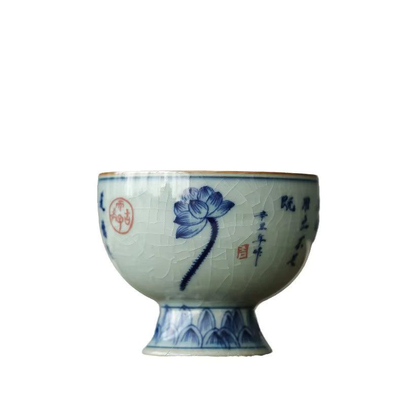 Blau-weiße Keramik-Teetasse im antiken Stil mit Landschaftsmotiv und Knisterglasur für Gongfu-Tee - Bild 5