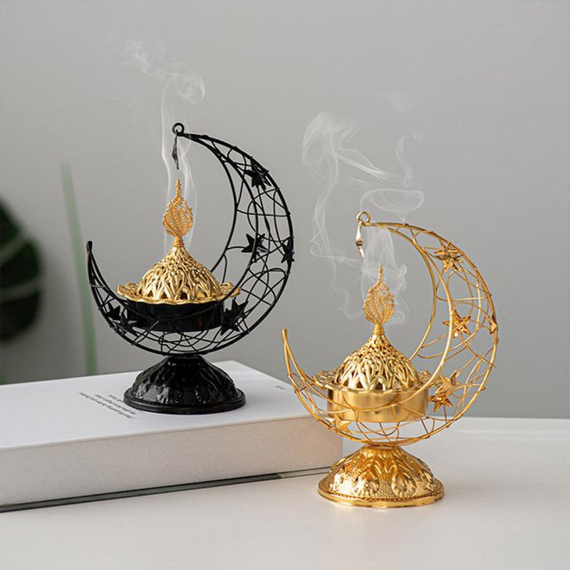 Handgehaltener Halbmond-Räuchergefäß aus Metall in Schwarz-Gold für orientalische Aromatherapie - Bild 1