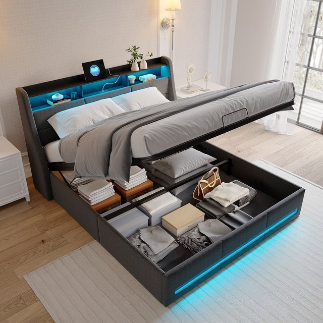Rosahqnda Polsterbett in Grau mit Stauraum, LED-Kopfteil und USB-Ladefunktion, B/T: 140 x 200 cm - Bild 1