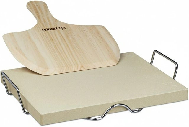 Relaxdays Pizzastein Set aus Cordierit mit Pizzaheber und Metallhalter, B/T/H: 38 x 30 x 3 cm - Bild 1
