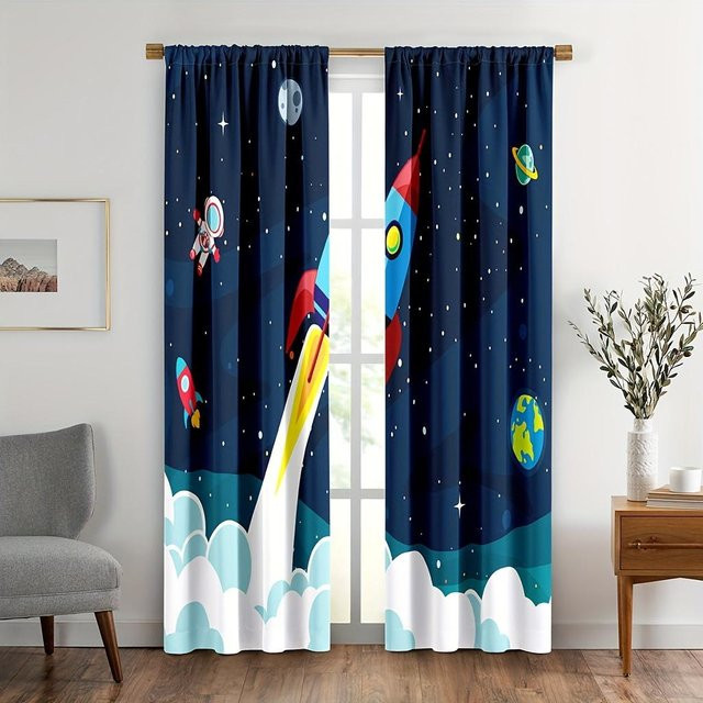 2er-Set Cartoon Raketenvorhänge für Kinder mit Galaxie-Astronauten-Motiv, Blau, Breite: 150 cm, Höhe: 166 cm - Bild 1