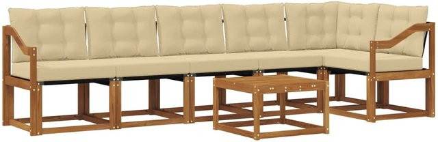vidaXL Outdoor-Sofagarnitur aus Akazienholz in L-Form mit Kissen, 7-teiliges Set in Natur und Beige - Bild 1