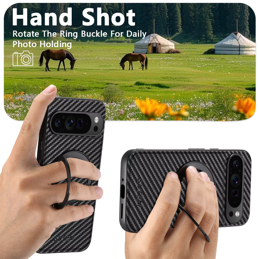 SUTENI Kunstleder Handyhülle mit Magnet und 360 Grad drehbarem Ständer sowie Ringschnalle für Google Pixel 10 Pro XL 9 8a 7 6 in Schwarz - Bild 5