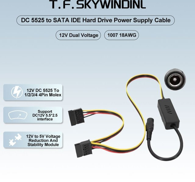 T.F.SKYWINDINTL DC 5525 zu SATA Abwärtsspannungsregler Adapter für NAS-Server und PC, Schwarz - Bild 1