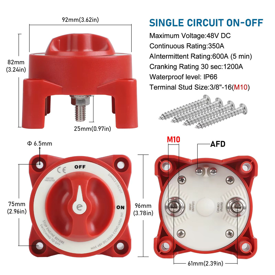 CNSPEED Marine-Einzelkreis-Batterie-Trennschalter E-Serie, rot, 12–48 V, 350–600 A, mit AFD und wasserdichtem Zündschutz - Bild 2