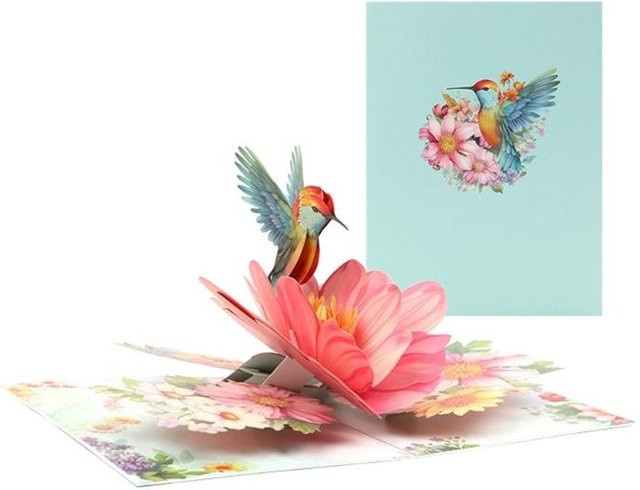 Handgemachte 3D-Pop-up-Grußkarte mit Kolibri und Blumen von Love Home Garden in Pink - Bild 1
