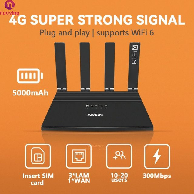 NUOYING WR800 WiFi6 4G LTE CPE Router in Schwarz mit SIM-Kartensteckplatz, 600Mbps und optionalem 5000mAh Akku sowie 4 Hochleistungsantennen - Bild 1