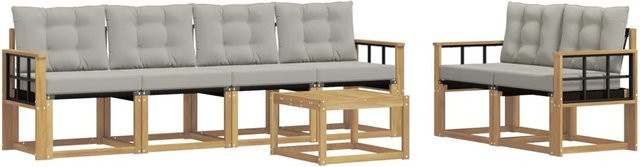 vidaXL Outdoor-Sofagarnitur 7-teilig aus Akazienholz mit Textilene und Kissen in Weiß und Hellgrau - Bild 1