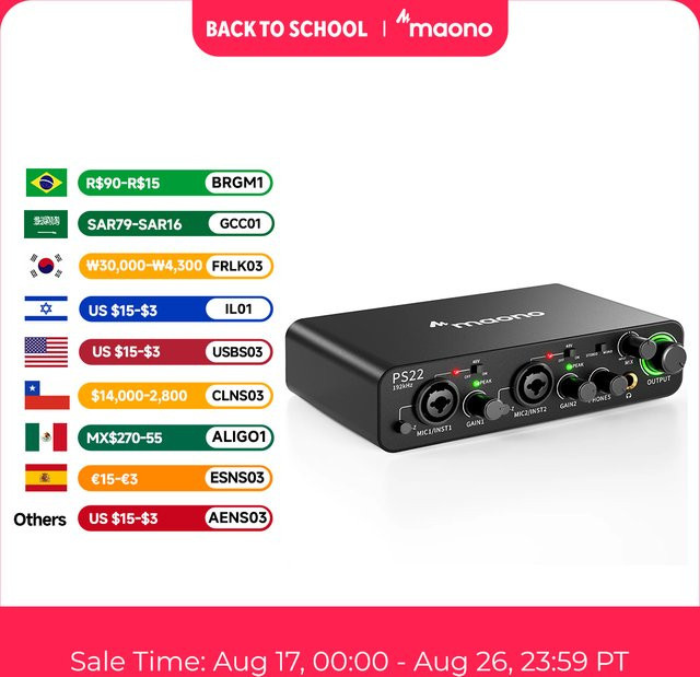 Maono PS22 USB-Audio-Interface in Schwarz mit 60dB Pro-Preamp, 24Bit 192kHz und Dual-USB-Schnittstelle für PC und Smartphone zur Musikproduktion, Podcast und Streaming - Bild 1