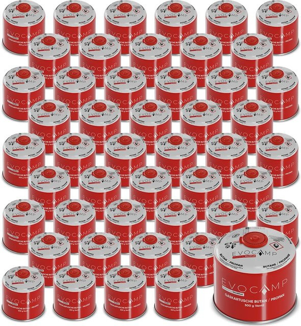 Evocamp Gaskartuschen Set mit 48 Stück Butan Propan, 500 g pro Kartusche, Schraubventil mit 7/16 Zoll-Gewindeanschluss nach EN 417 für Campingkocher und Gasgrills - Bild 1
