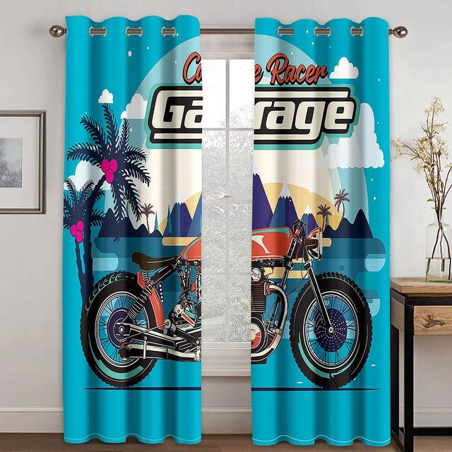 Yiran Furniture Dekorative Vorhänge mit 3D Motorrad und Lokomotiv Muster in Blau, 2 Paneele, Höhe: 130 cm, Breite: 100 cm - Bild 1