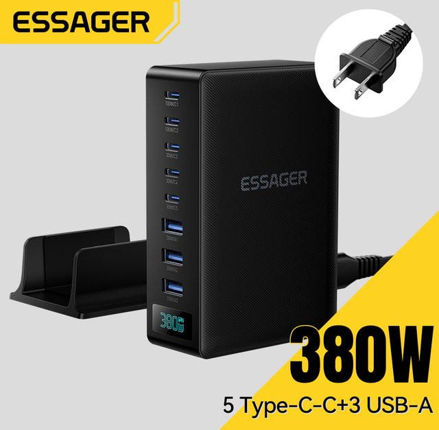 Essager 380W GaN Schnellladestation 8-in-1 Desktop-Ladedock für Laptop und Smartphone in Schwarz - Bild 1