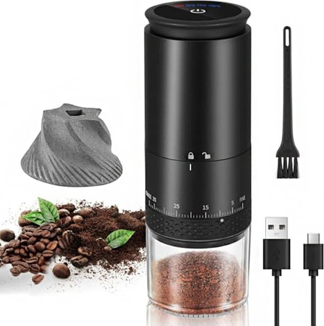 Elektrische Kaffeemühle von CREAROMA in Schwarz mit 1500mAh Akku, USB-aufladbar und externer Einstellung für das Büro - Bild 1