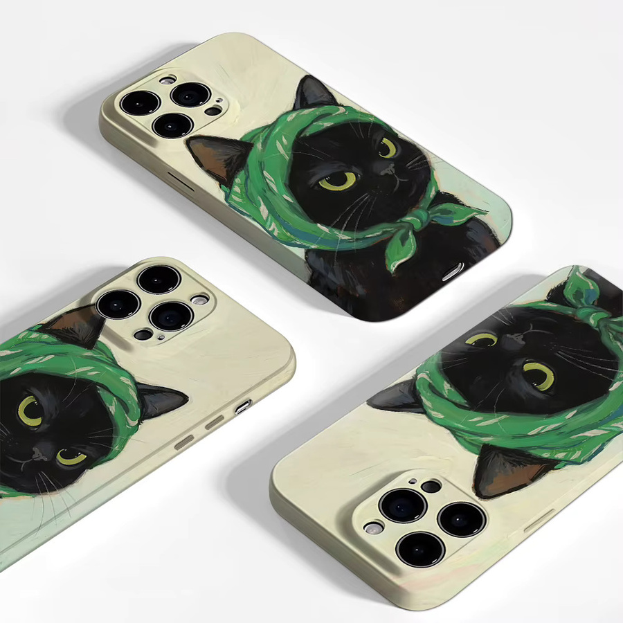 Potdemiel Handyhülle mit Schwarzer Katze und grünem Kopftuch für iPhone 17 16 15 14 13 12 Pro Max Plus, Schwarz - Bild 2