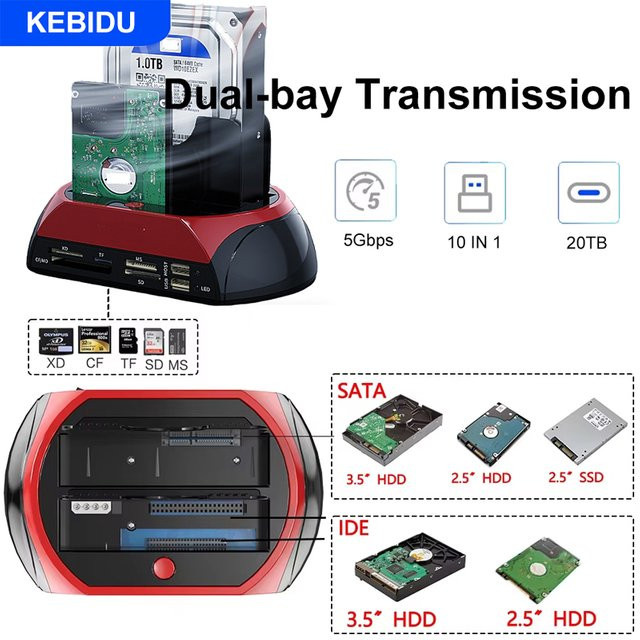 Kebidu 10-in-1 USB 3.0 Dual-Bay Festplatten-Dockingstation mit integriertem USB-C Hub und Kartenleser für 2,5 und 3,5 Zoll SATA und IDE HDD SSD - Bild 1