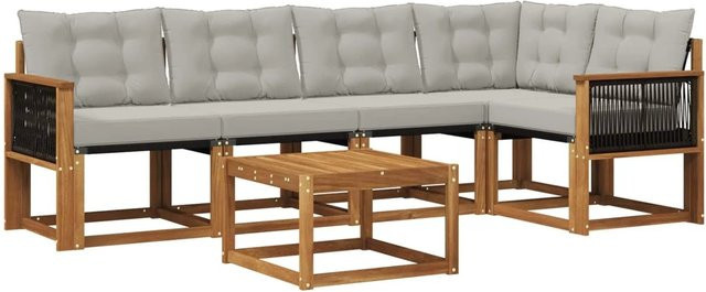 vidaXL Outdoor-Sofagarnitur L-Form aus Akazienholz mit 6 Kissen in Natur und Hellgrau - Bild 1