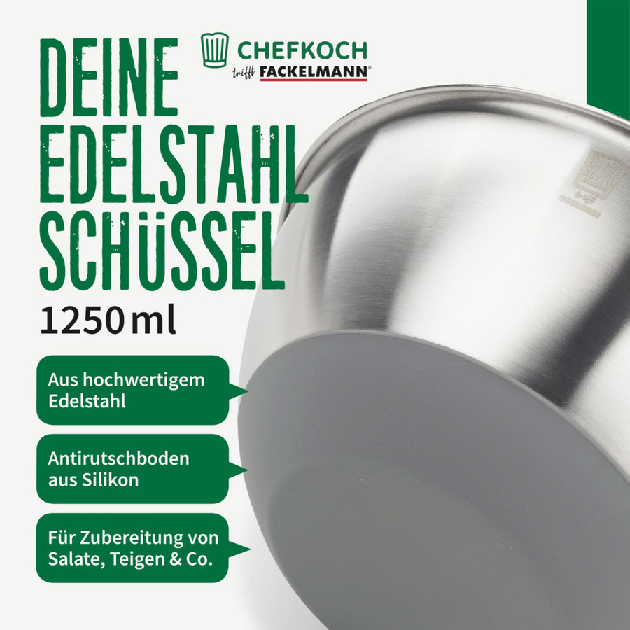 Fackelmann Chefkoch Schüssel aus Edelstahl in Silber mit rutschfester Basis, 1,25 l - Bild 2