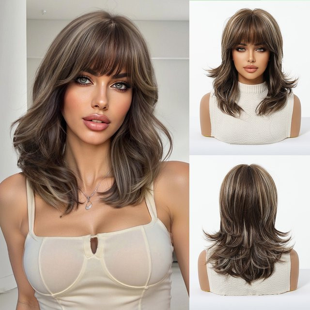 EASIHAIR Perücke, schulterlanges Synthetikhaar mit Pony, braun-blonde Highlights, Damen - Bild 1