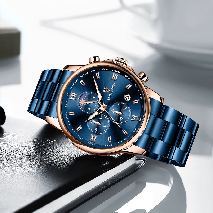 LIGE Armbanduhr Edelstahl, Quarz, Blau, Silber, Herren - Bild 2