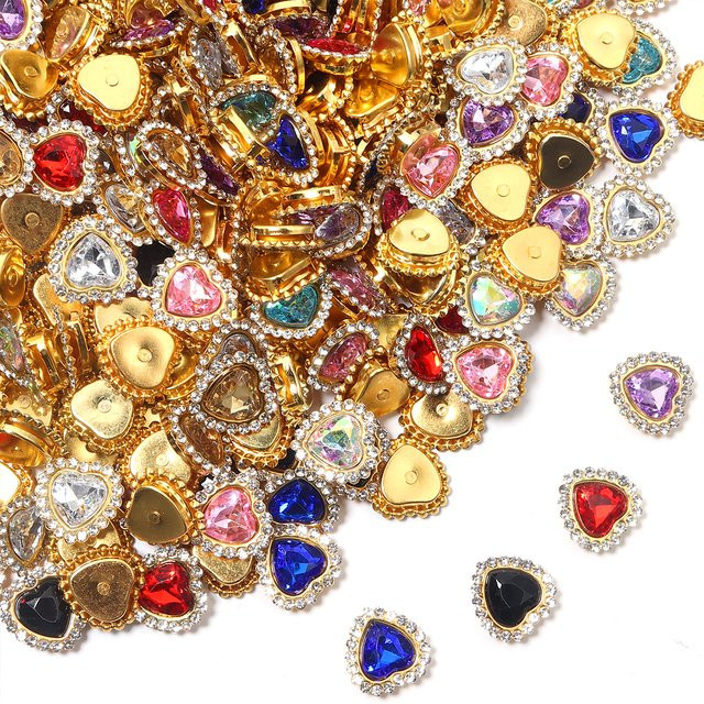 20 Stück Goldene Krallen-Herz-Strasssteine mit Glitzer-Kristallen und Acrylperlen für Kleidung und Handwerk zum Aufnähen in Gold und Multicolour - Bild 1