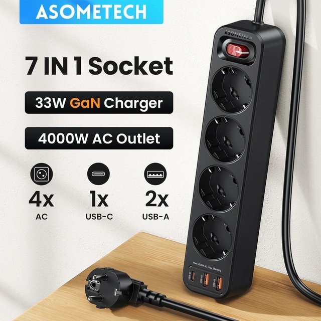 ASOMETECH Steckdosenleiste mit Netzwerkfilter und Überspannungsschutz in Schwarz, 1,5 m Kabel, inklusive 3 USB-PD Schnellladeanschlüssen mit 33 W PPS - Bild 1