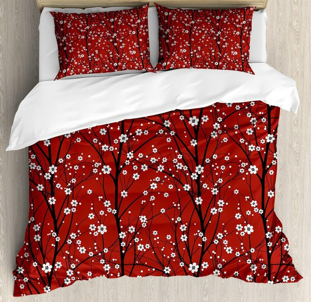 Lodestar Bettwäschegarnitur mit Sakura-Kirschblüten-Design in Rot, bestehend aus Bettbezug und Kissenbezug, B/H: 135 x 200 cm - Bild 1