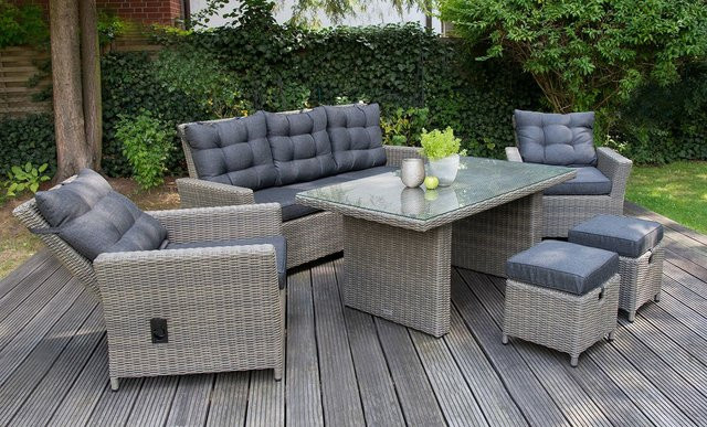 bellavista Home & Garden Luxus Dining Lounge Asti Polyrattan in Braun mit 3-Sitzer Sofa, zwei Sesseln, zwei Hockern, Tisch und Polsterkissen - Bild 2