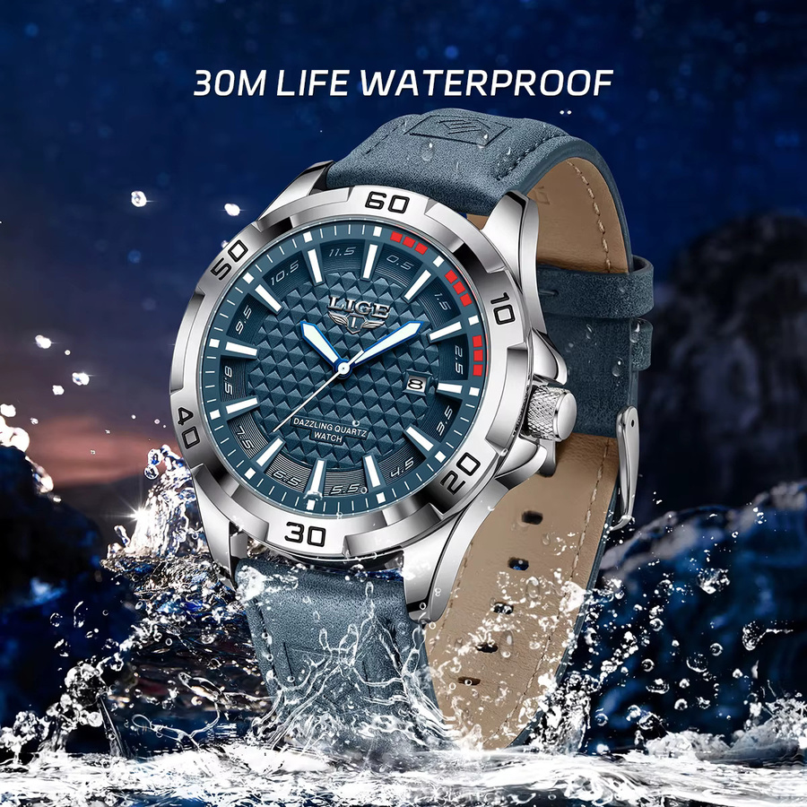 LIGE Armbanduhr Quarz, Leder, Blau, Herren - Bild 5