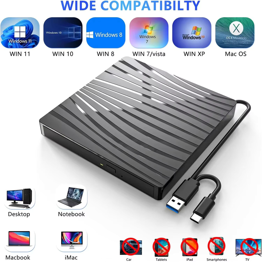 KEBIDUMEI Externes CD-DVD-Laufwerk in Schwarz mit USB 3.0 und Type-C als optisches DVD/CD-Laufwerk für Laptop und PC - Bild 4