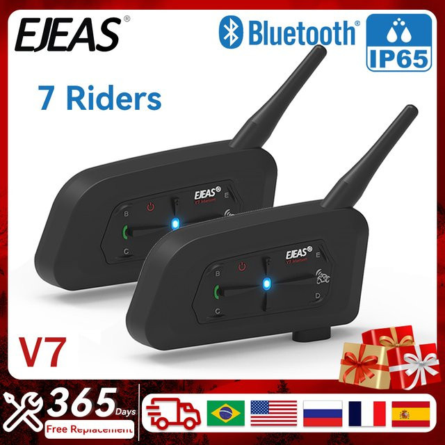 EJEAS V7 Motorradhelm Bluetooth-Gegensprechanlage Headset mit Bluetooth 5.1 für bis zu 7 Personen, IP65 wasserdicht, Schwarz - Bild 1