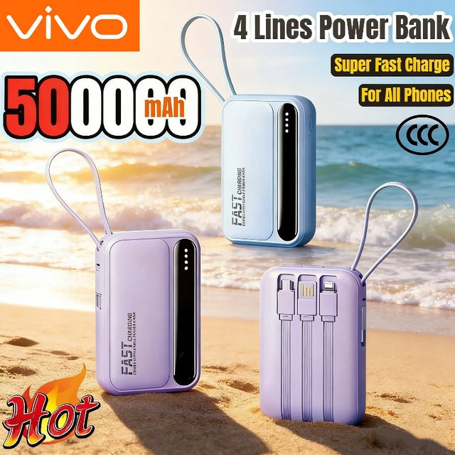 VIVO Powerbank mit 50000mAh Kapazität und integrierten 4 Kabeln in Lila für schnelles Laden und hohe Mobilität - Bild 1