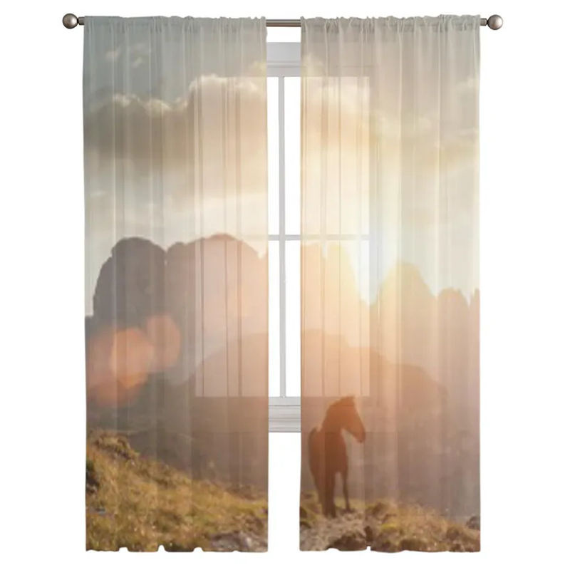 Super Six Transparentes Tüll-Voile-Organza Vorhang mit Berglandschaft und Pferdemotiv in Weiß, Breite: 135 cm, Höhe: 114 cm - Bild 2