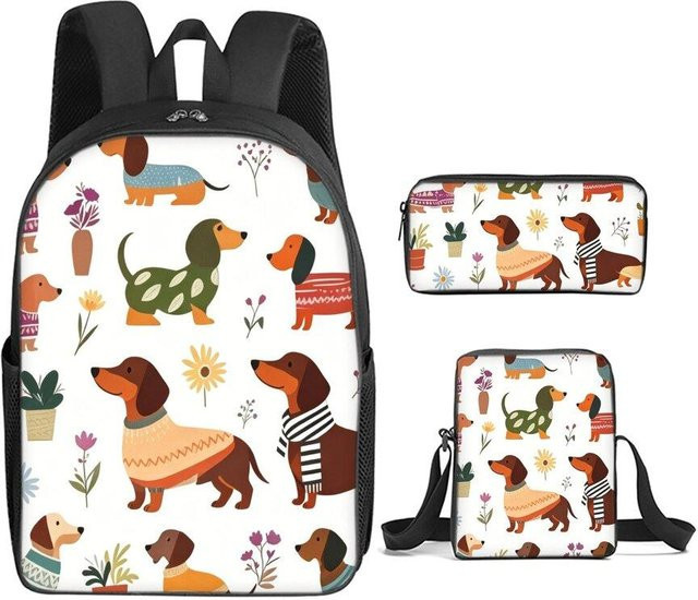 BAOERYE 3-teiliges Schultaschen-Set mit Dackel-Aufdruck in Mehrfarbig für Jungen und Mädchen bestehend aus Rucksack, Umhängetasche und Federmäppchen - Bild 1