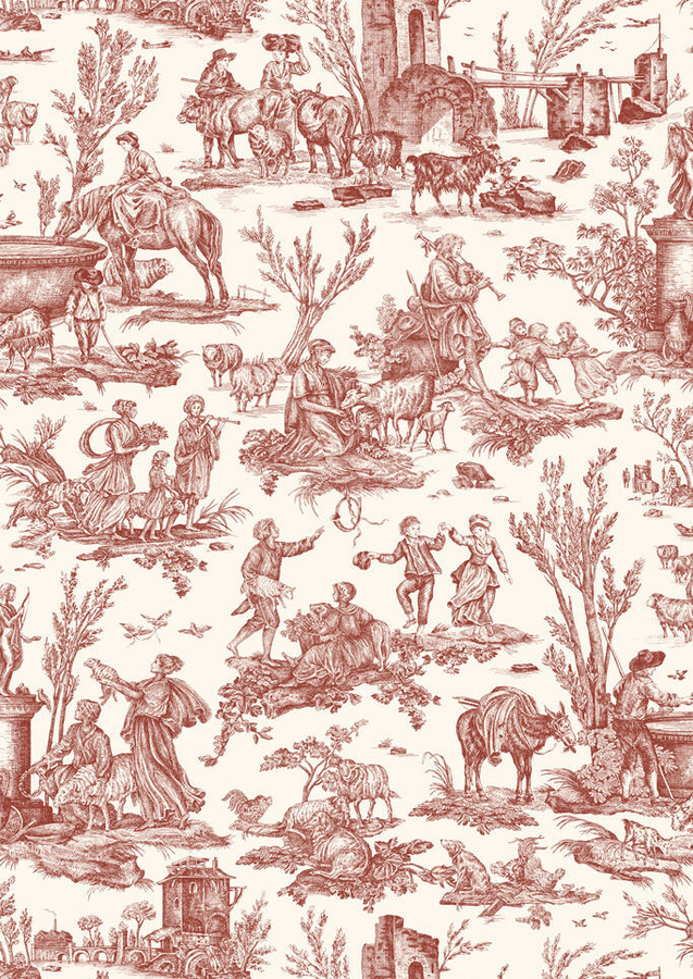 Lewis & Wood Tapete Toile Baptiste Rhone in Weiß und Rot mit floralem Muster und Tiermotiven aus Vlies - Bild 1
