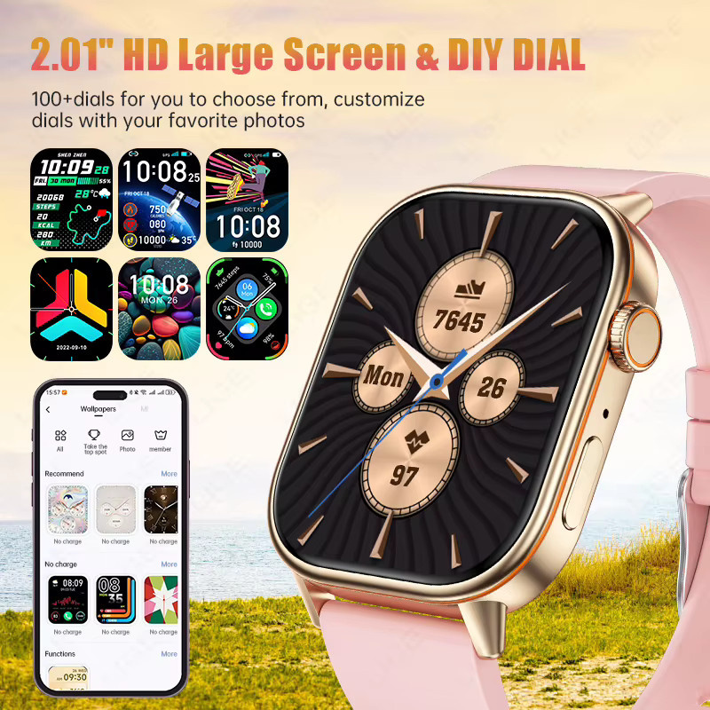 LIGE Smartwatch für Android und iOS mit 2,01 Zoll HD-Bildschirm, GPS, Herzfrequenzmessung, Bluetooth-Anruffunktion, Kompass und IP68 Wasserdichtigkeit in Pink - Bild 5