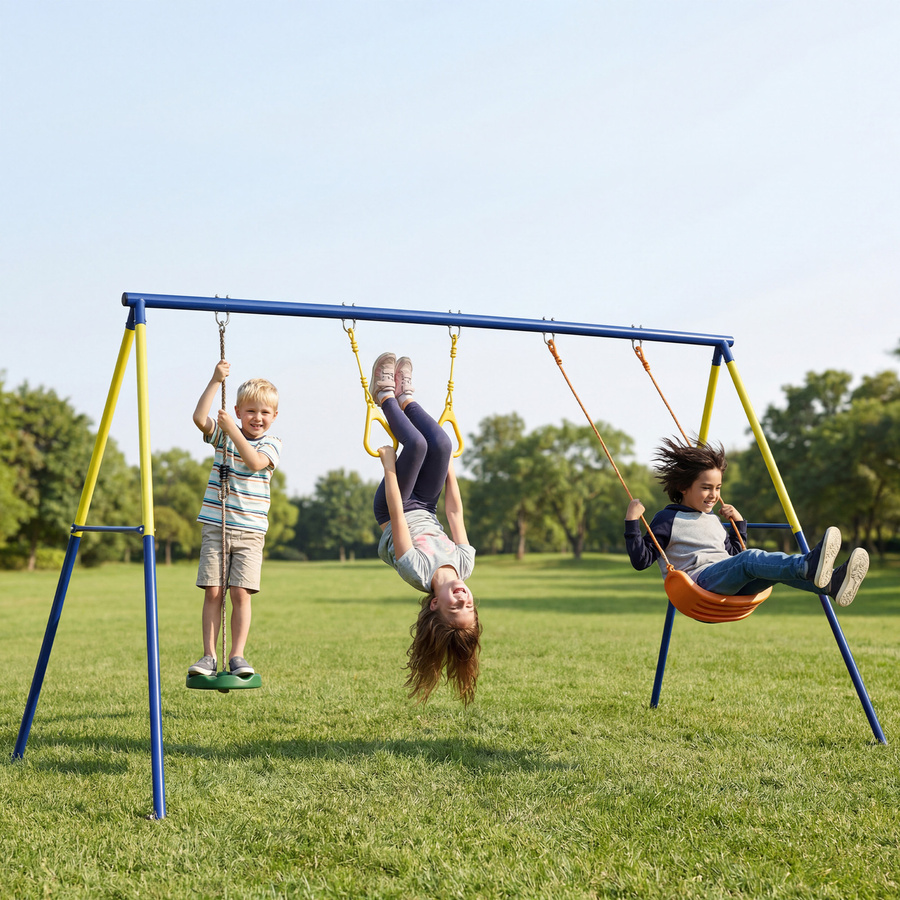 AIYAPLAY 3-in-1 Kinderschaukel mit Stahlgestell und Turnringen, Mehrfarbig, B/T/H: 285 x 160 x 181 cm - Bild 2