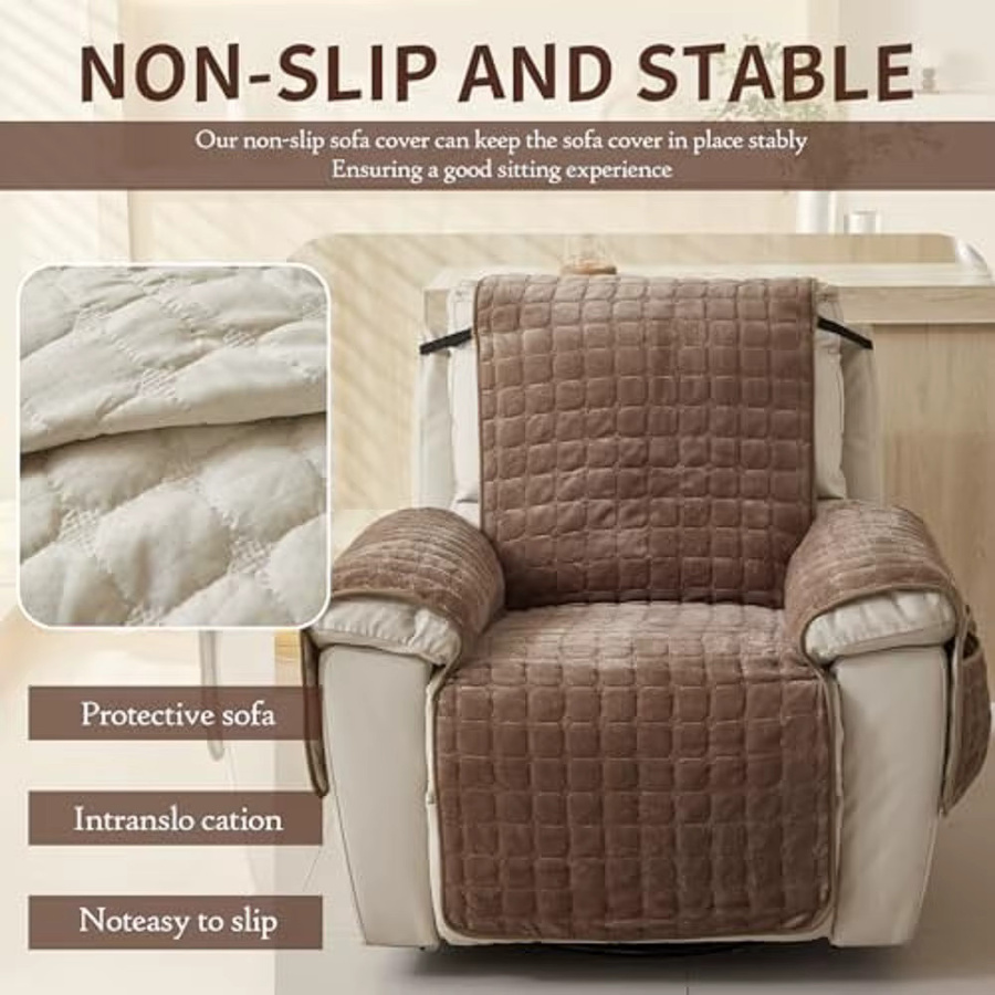 DUSTPROOFVEIL Gesteppter Stretch-Relaxsessel-Überzug mit seitlichen Aufbewahrungstaschen, wasserabweisend, Beige oder Braun - Bild 2