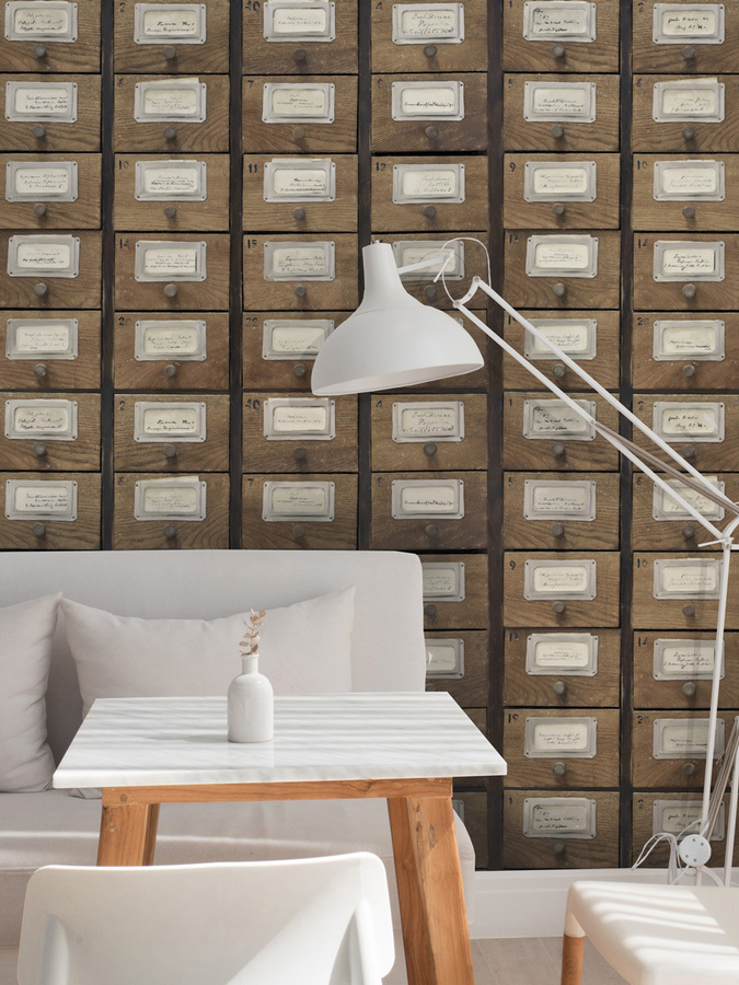 MINDTHEGAP Tapete Apothecary WP20264 in Braun und Multicolour im Vintage-Stil mit geometrischem Muster aus Vlies - Bild 1