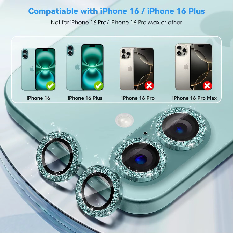 Bling Kameraobjektivschutz aus gehärtetem Glas und Metall für Apple iPhone 16, iPhone 16 Plus und iPhone 17 mit Glitzerdekoration in Schwarz und Silber - Bild 2