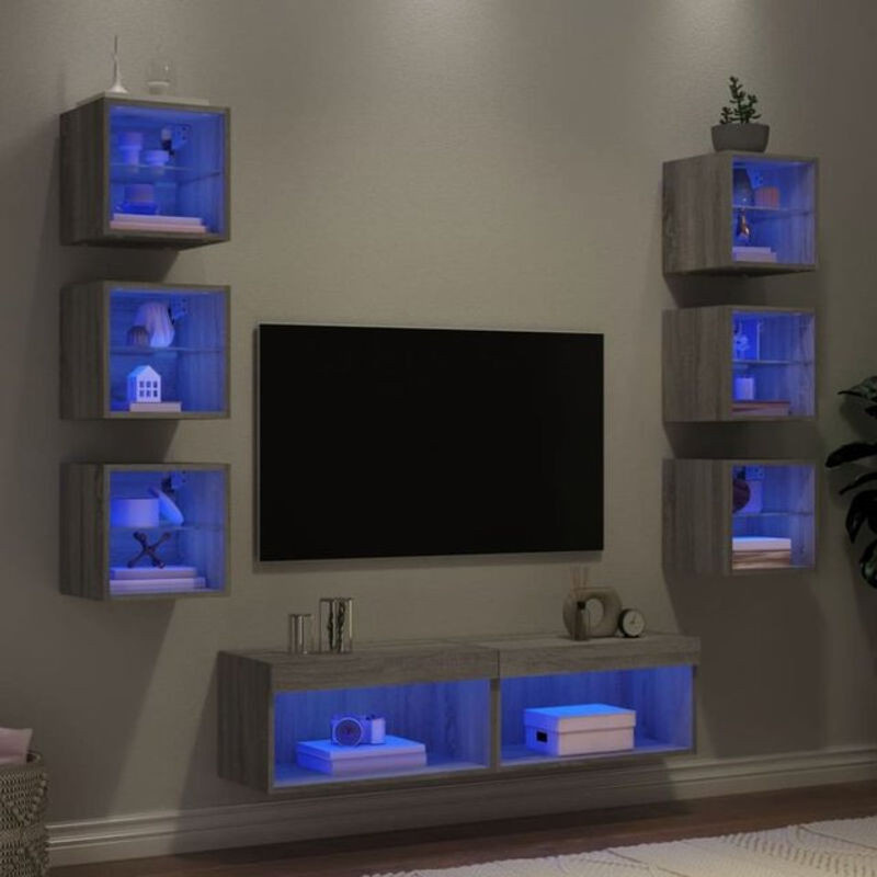 Vidaxl 8-tlg. Moderne Wohnwand mit LED-Beleuchtung in Grau Sonoma Holzwerkstoff und Glas - Bild 1