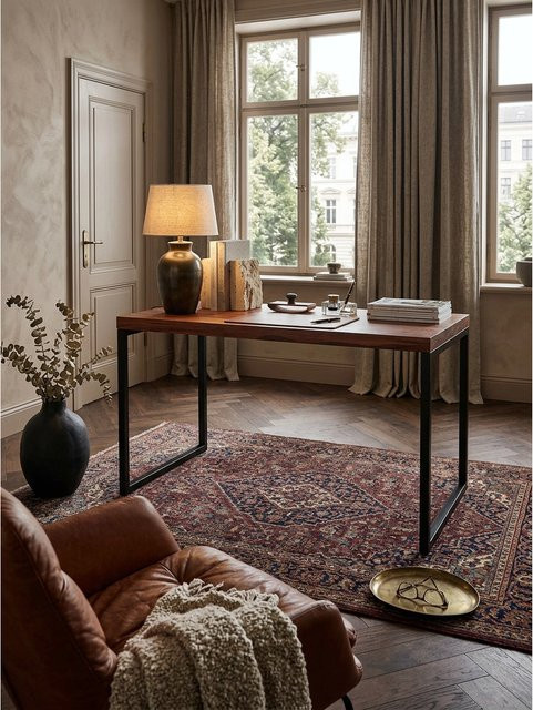 KADIMA DESIGN Schreibtisch aus Sheeshamholz und Metall im Industrial-Stil, braun, B/T/H: 117 x 59 x 76,5 cm - Bild 1