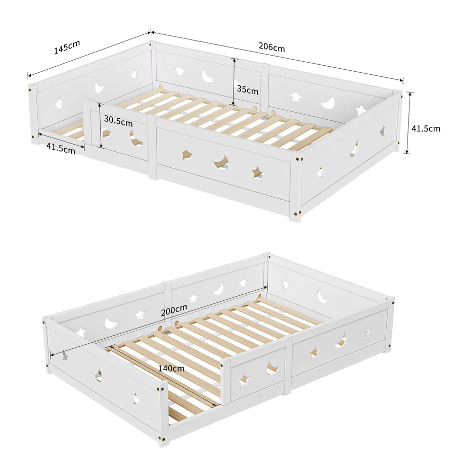MEXUS Montessori Baby-Bodenbett aus Massivholz mit Sicherheitsbarriere und Lattenrost, Farbe: Weiß, B/T: 140 x 200 cm - Bild 2