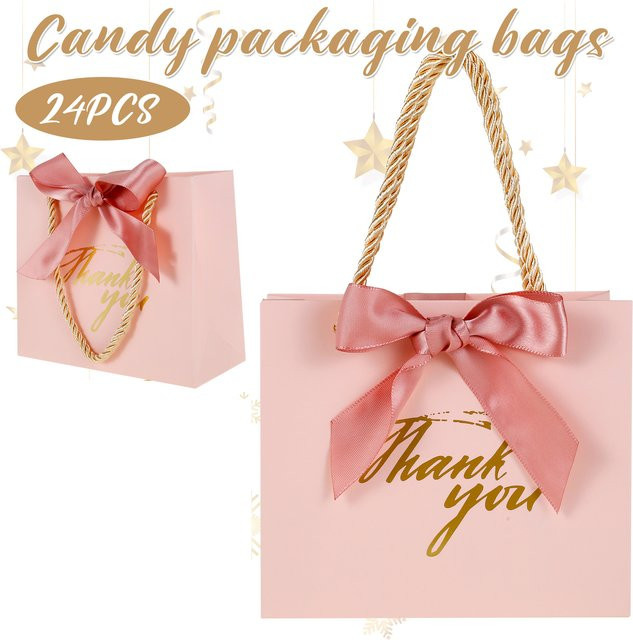 24er-Pack Dankeschön-Geschenktüten aus Papier mit Griffen und Schleifenband in Pink für Hochzeit, Geburtstag oder Babyparty - Bild 1